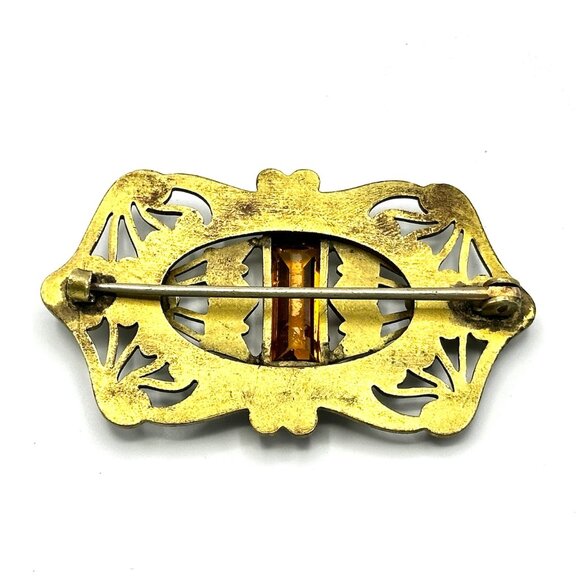 Art Nouveau Brass Brooch with Amber Glass Stones & Whiplash Scrollwork  — EUC - Picture 7 of 8